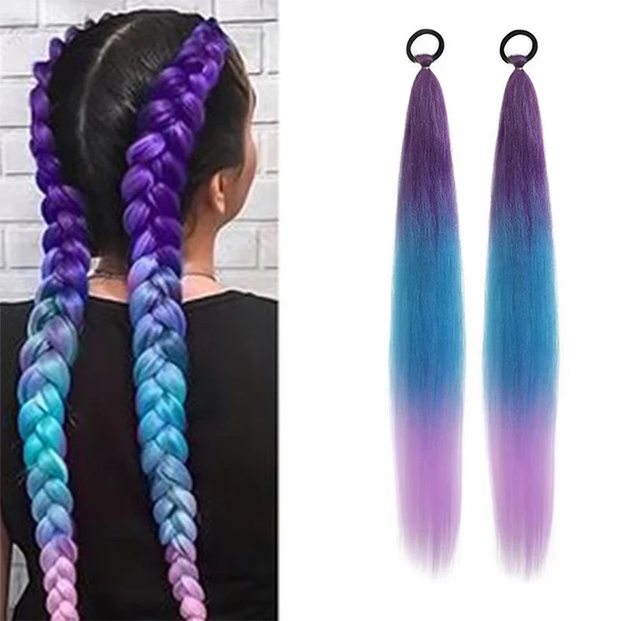 2PCS 26Inch Synthetic Long Straight Ponytail with Elastic Hair Colorful Braiding Hair Ponytail Hair Extensions Hair Accessories