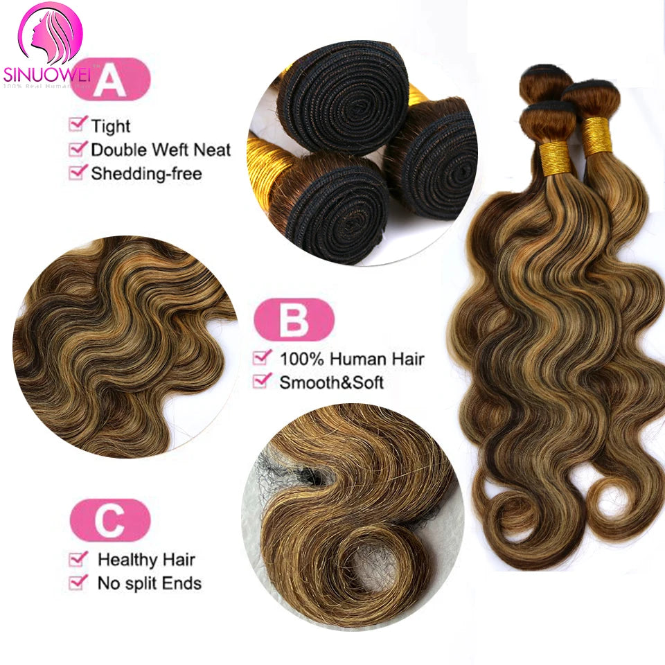 P4/27 Highlight Body Wave 3/4 Real Human Hair Bundles With 13x4 Transparent Lace Frontal Pre-Plucked Peruvian Remy Hair