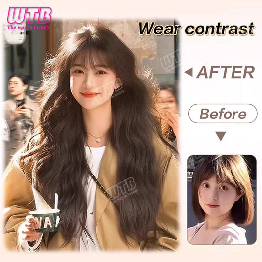 60cm Synthetic Middle Part  Topper Hairpiece with Bangs Clip-In Bangs Extension Natural Invisible Clourse Hairpiece for Women