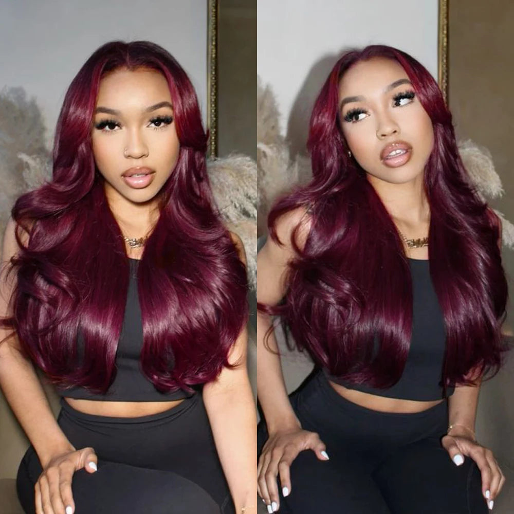 250 Density Dark Burgundy 9x6 Glueless Wigs Human Hair Ready To Wear Brazilian Colored Layer Cut Body Wave Wig Pre Cut Lace