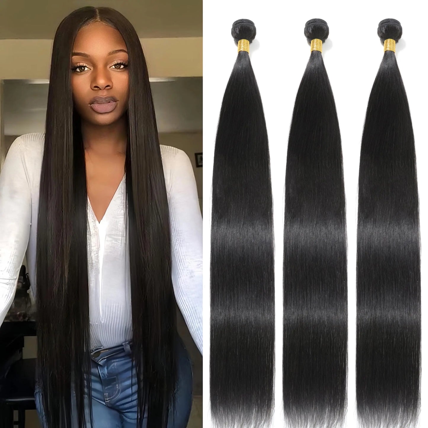 Brazilian Straight Hair Bundles 28 30 32 Inch 12A Virgin Remy Straight Human Hair Bundles 100% Unprocessed Remy Hair Bundles #1B