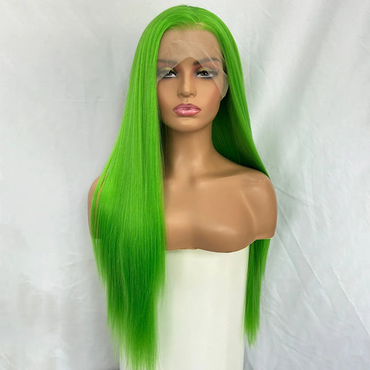 Long Silky Straight Synthetic Hair Free Part Glueless Pre Plucked Lime Green Colored 13X4 Lace Front Fiber Wigs for Women Party