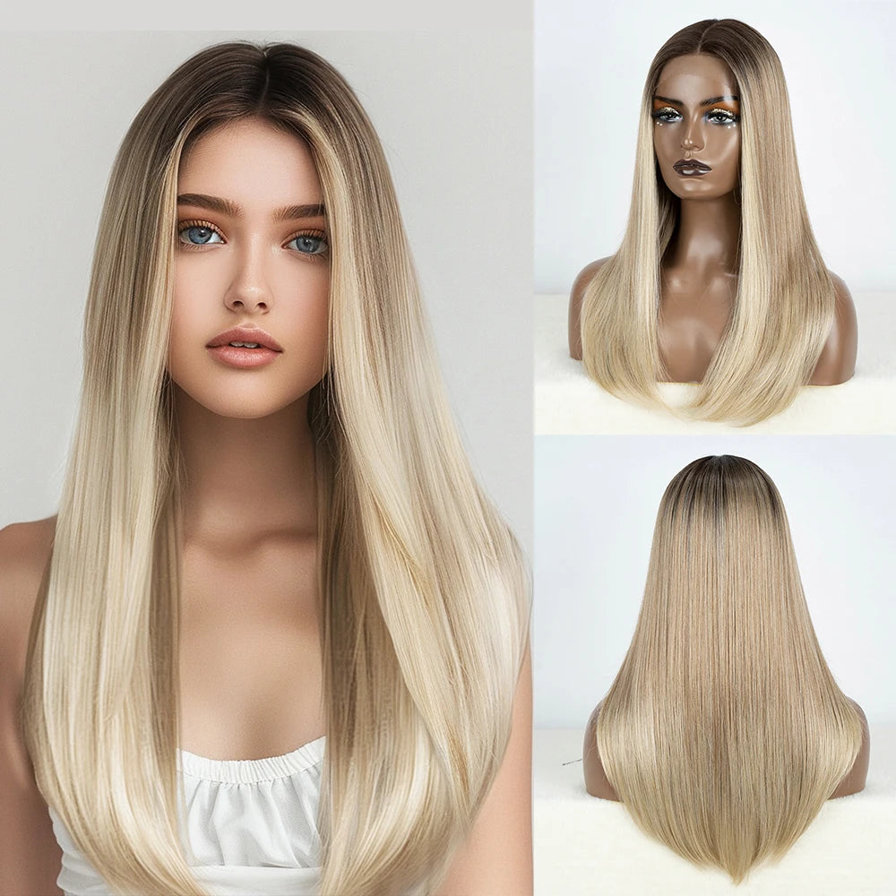 Synthetic Lace Front Wig Straight Baby Hair Bob Wig Bown Black Blonde Hair Wig 22"Cosplay Wig For Women Heat Resistant Wig
