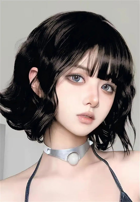 Black short curly hair high quality synthetic wig fashion natural big wave wig ladies wig