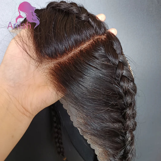 Transparent Lace Frontal With Braids Brazilian 100% Remy Hair 13x4 Lace Frontal Natural Black Middle Part Pre-Cut Bleached Knots