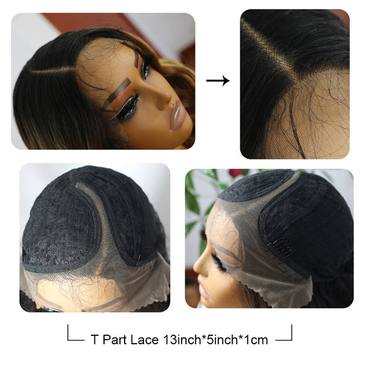 Ombre Highlight Wave Wig for Women Synthetic T-Part Lace Frontal Red Lace 13x5 Black Cosplay Daily Use Hair