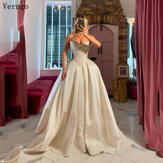 Verngo lvory Satin Wedding Dress Basque Waist A Line Long Bridal Gowns Bone Tight Bride Dresses 2025Customized vestido de novia