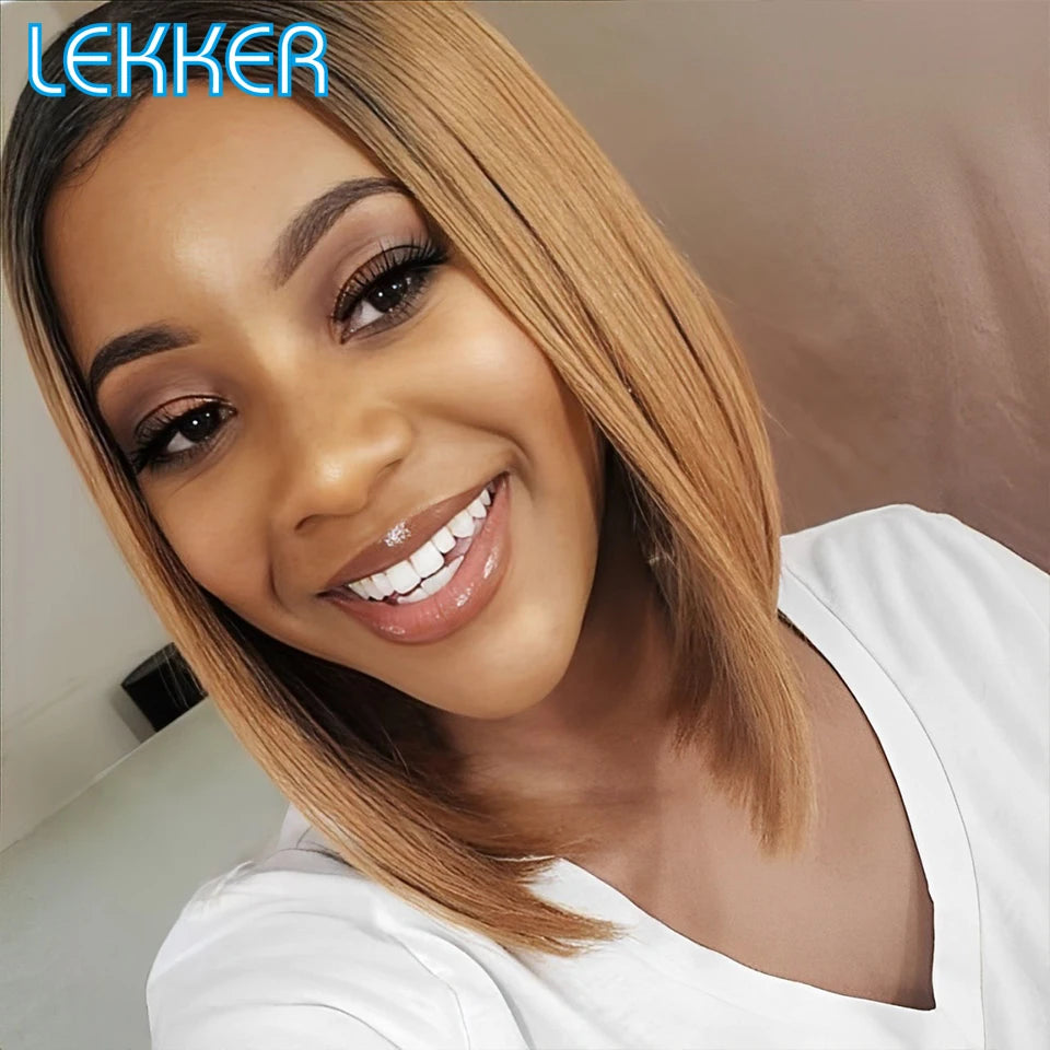 Lekker Highlight Blonde Short Straight Bob 13x6x1 Lace Front Human Hair Wigs For Women Brazilian Remy Hair Colored Glueless Wigs