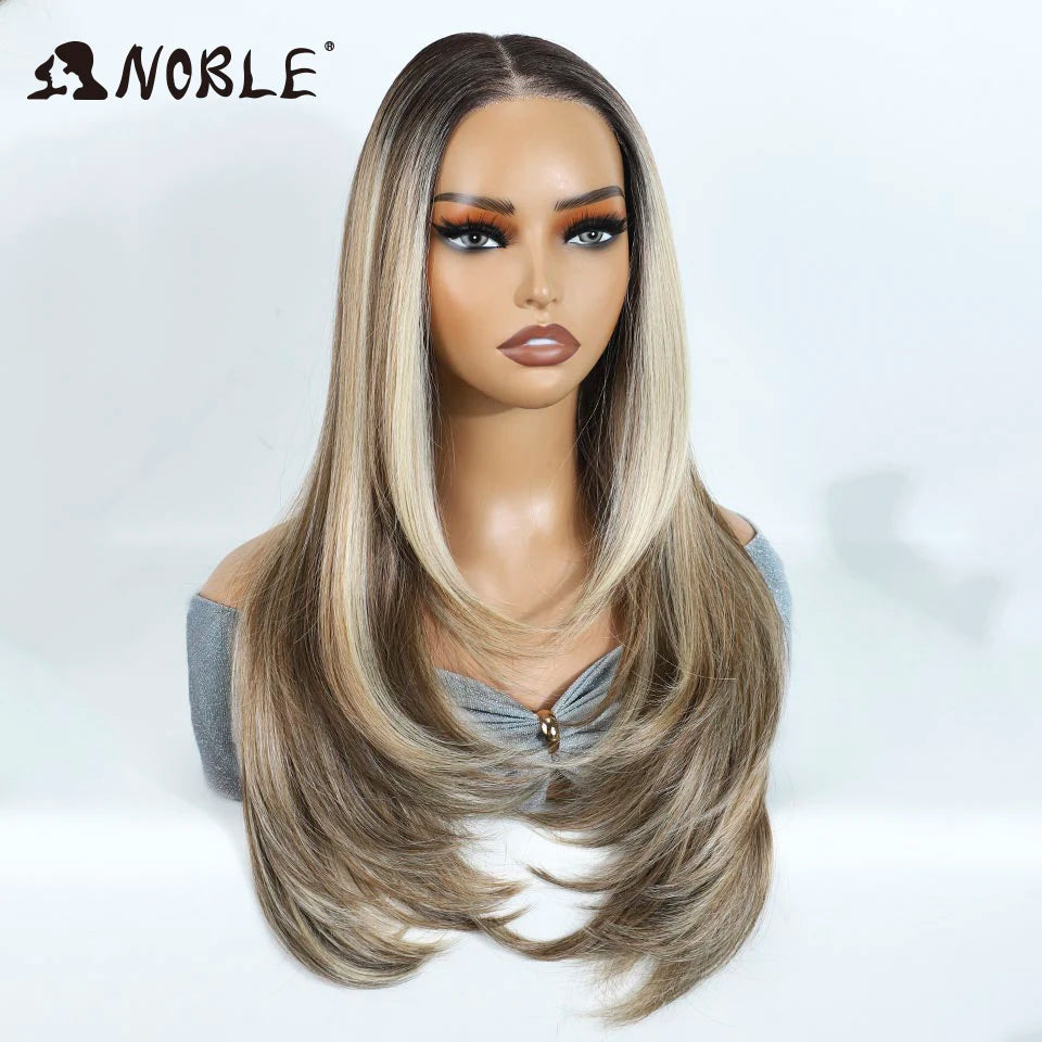 Noble Synthetic Lace Front Wigs For Woman 24 Inch Straight Lace Wig Ombre Brown 6x4 Pre Plucked Pre Cut Wear and Go Glueless Wig