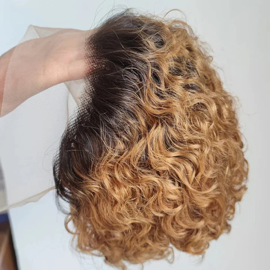 Pixie Cut Wig Kinky Curly Human Hair Wig Honey Blonde Burgundy Colored Short Curly Bob Wigs Pre plucked 13x1 Lace Frontal Wigs