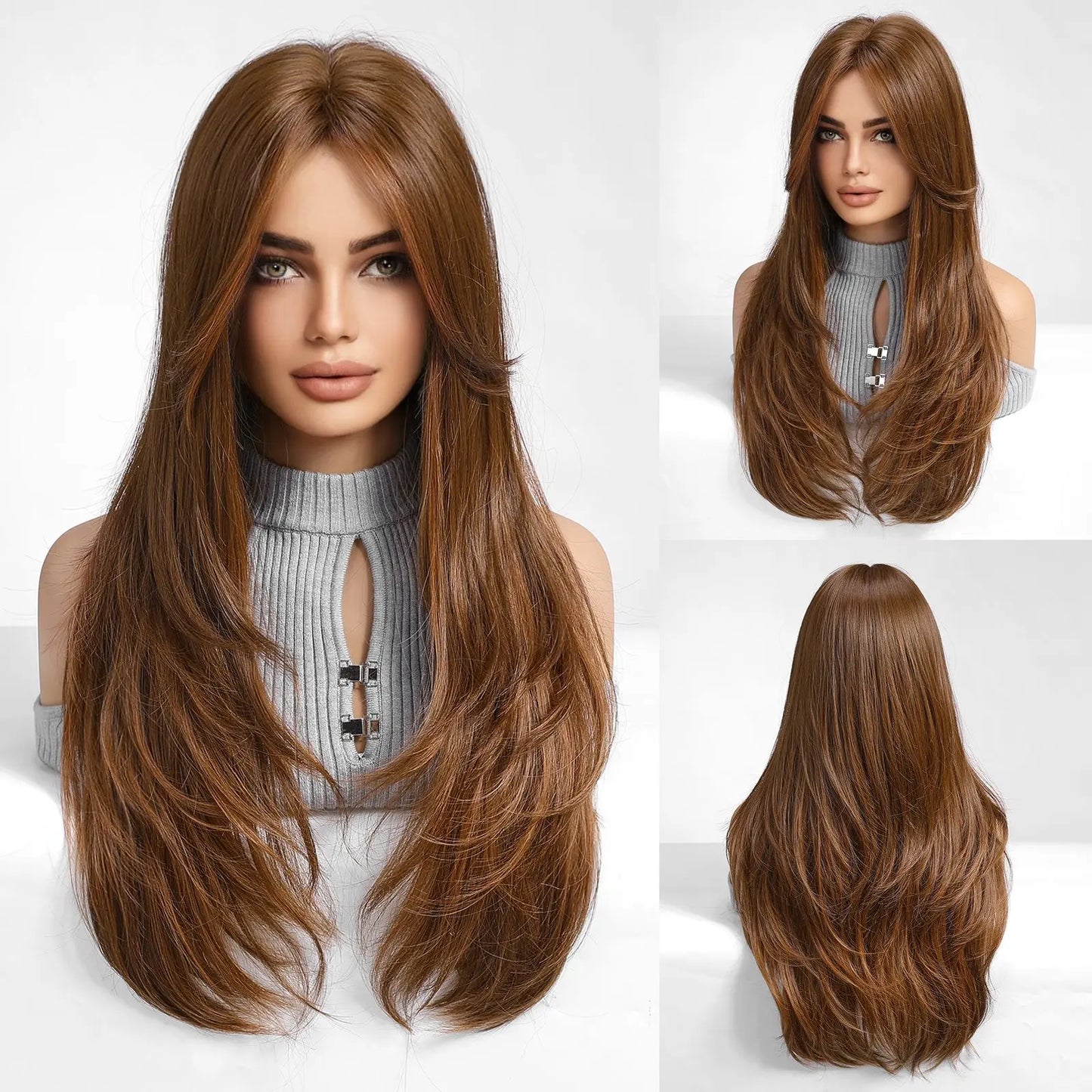 ALAN EATON Chestnut Brown Synthetic Wig with Bangs Long Straight Wig Natural Layered Hair Smooth Soft Daily Wig Heat Resistant