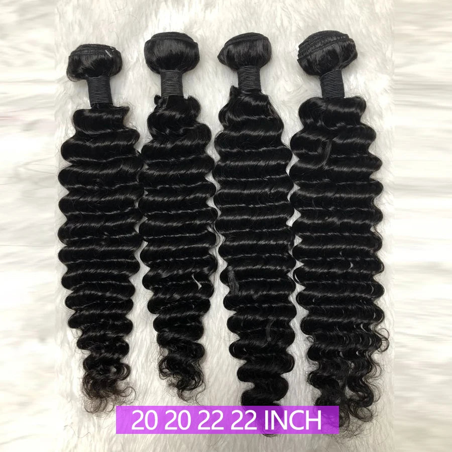 20 22 24 inch Deep Wave Hair Bundles with Closures 12A Raw Hair Long Thick Deep Curly Human Hair Bundles with 4x4 Lace Closure