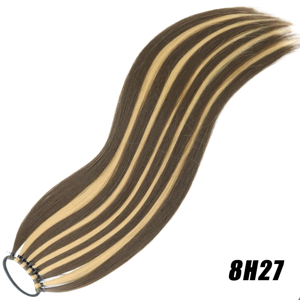 Synthetic 24Inch Ponytail Extensions Black Natural Braided Pony Tail Hairpiece Long Straight Rubber Band Hair For Women