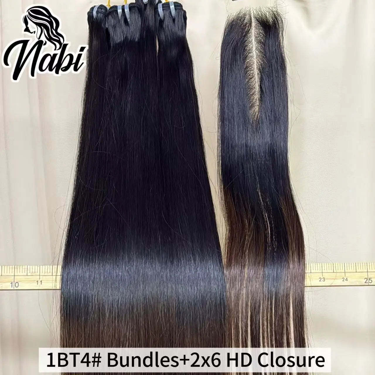 Nabi Natural Vietnamese Human Hair Bundles With 2X6 HD Lace Closure Middle Part 16A  Bone Straight for Weaving Wigs
