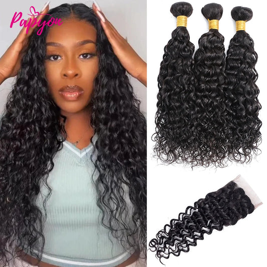 12A Peruvian Water Wave Bundles With  4x4 Closure Human Hair Bundle Jerrly Curly Hair Bundles With Closure Transparent Lace
