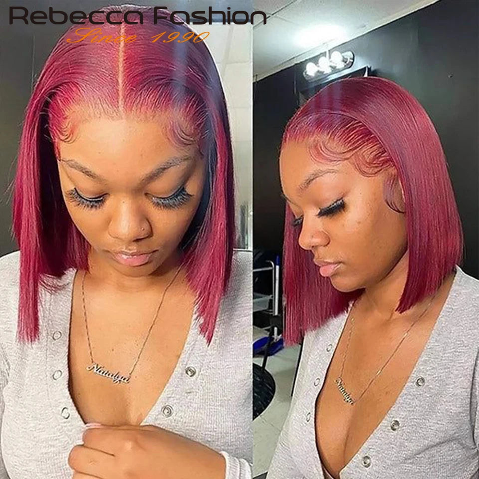 Rebecca Short Brown Color Bob Wig Peruvian Straight Lace Front Human Hair Wigs For Women 33 Reddish Brown 13*6*1 T Lace Part Wig