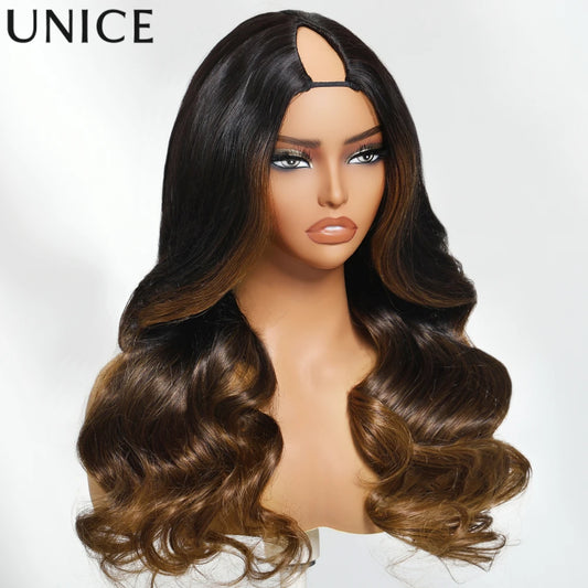 Unice Hair Chestnut Brown Ombre Body Wave V Part Wig With Drawstring Human Hair Glueless Wig Minimal Leave Out Beginner Friendly
