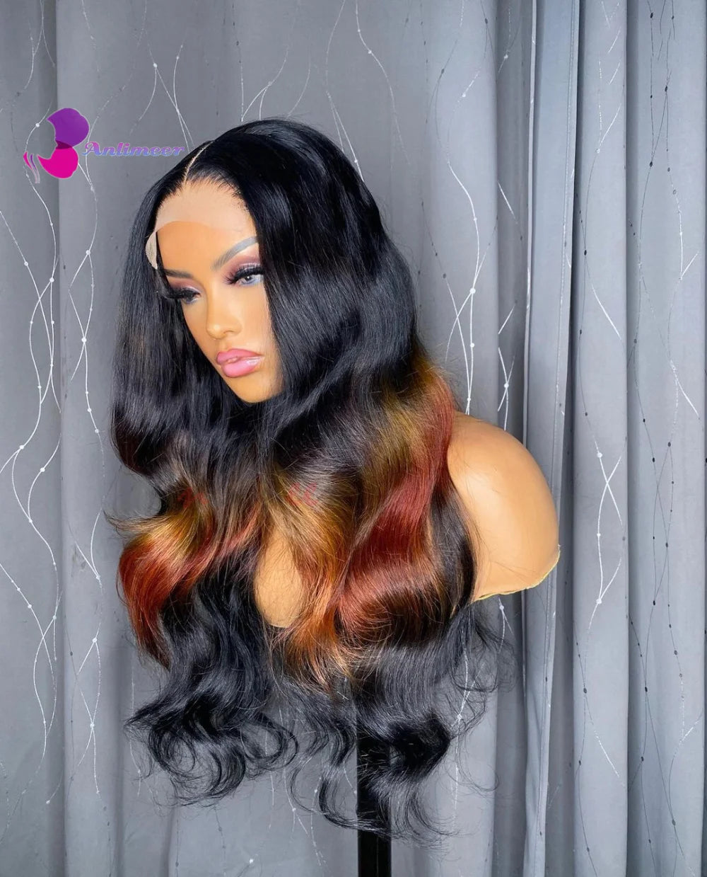 Jet Black Ombre Orange Ginger Mixed Colored Human Hair Long Wigs Body Wave Lace Front Wig Real Human Hair Wig for Black Women