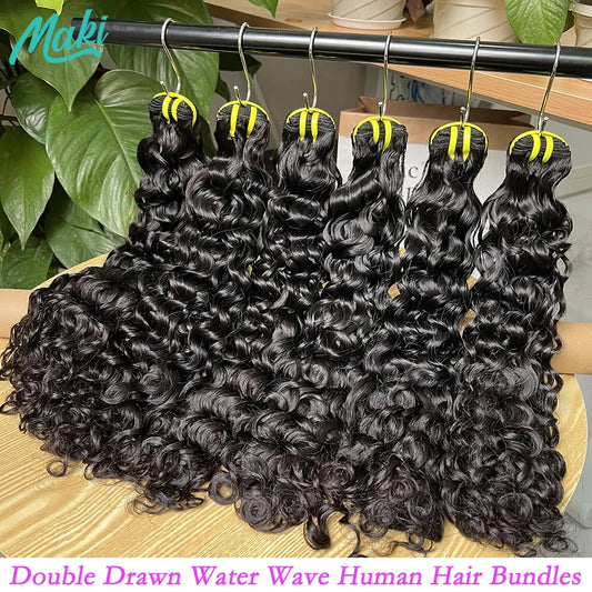 Double Drawn Water Wave Human Hair Bundles 100% Raw Virgin Human Hair Weave Extensions #1b Natural Color 10A Wavy Curl For Women