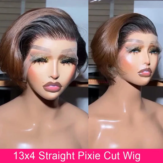 Ombre #1B Brown Short Pixie Cut Wigs For Women Human Hair 200% Straight Chocolate brown Lace Front Bob Wig Brazilian Remy Hair