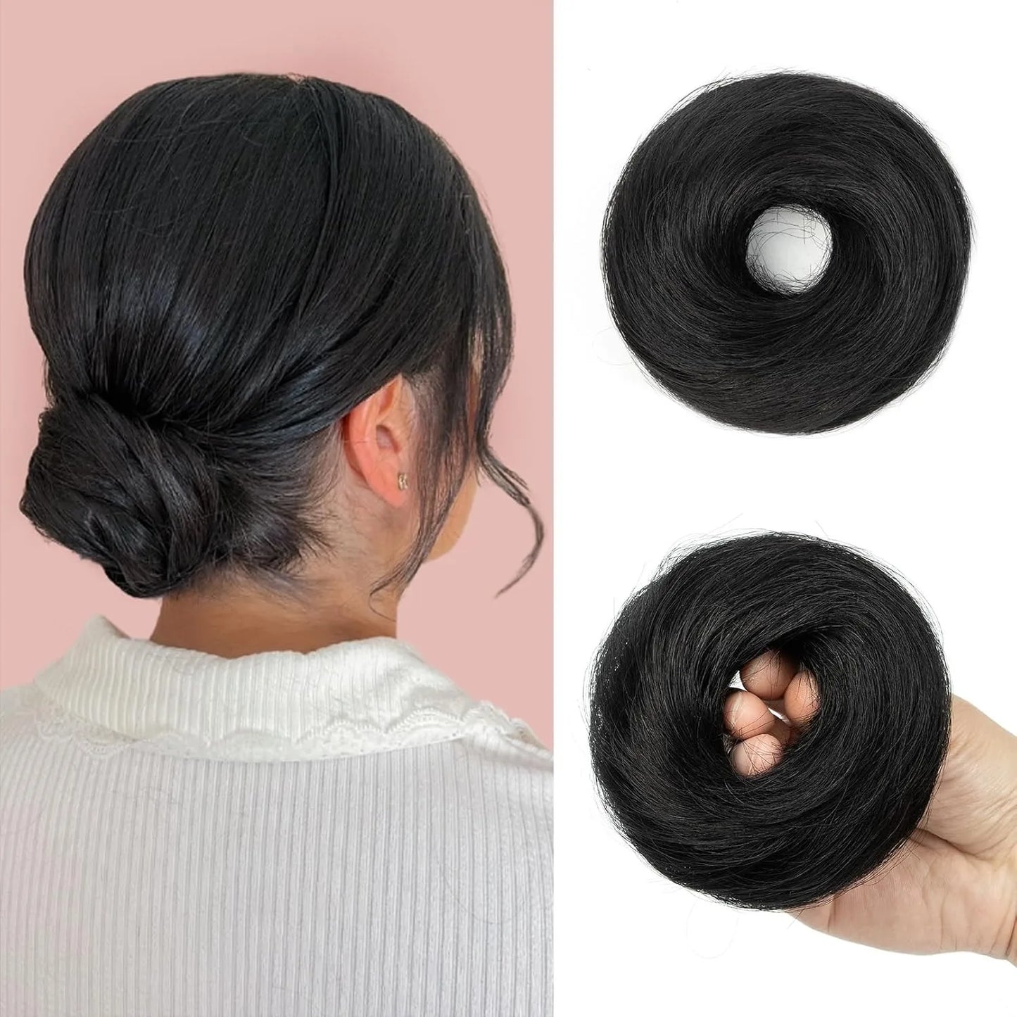 Messy Bun Hair Piece Human Hair Natural Black Wavy Tousled Stretchy Fluffy Donut Updo Elegant Chignon with Elastic Rubber Band