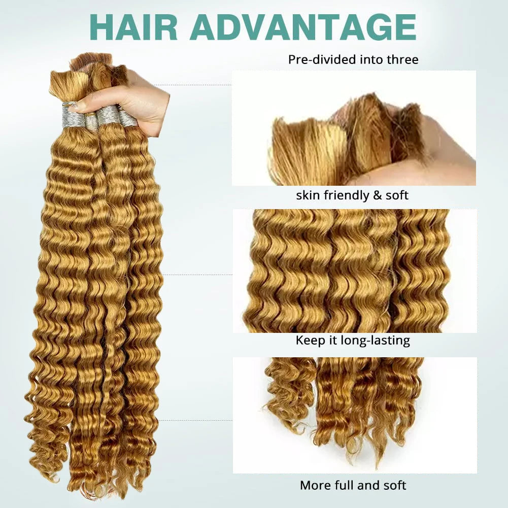 V Beauty Human Hair for Braiding Deep Wave #27 Honey Blonde Bulk Human Hair Bundles No Weft Hair Bulk for Women Hair Extensions