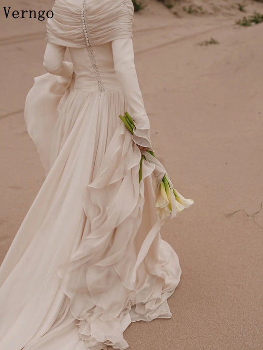 Verngo Modest Bridal Gowns HIgh Neck Full Sleeves Wedding Dresses Women Arabic Classy Bride Dresses Custmized