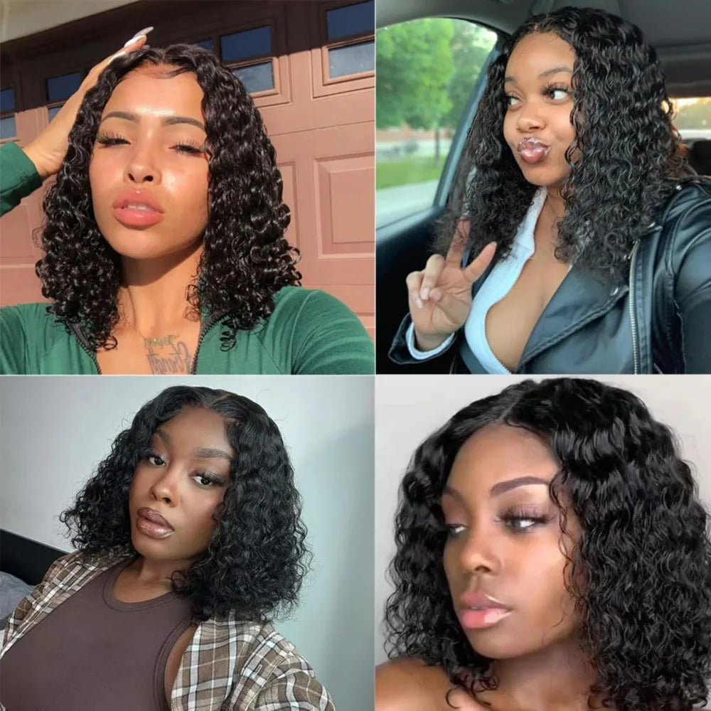 200 Density Deep Wave 13x4 Lace Front Human Hair Wigs Brazilian 100% Human Hair Pre Plucked Kinky Curly Short Bob Wigs For Women