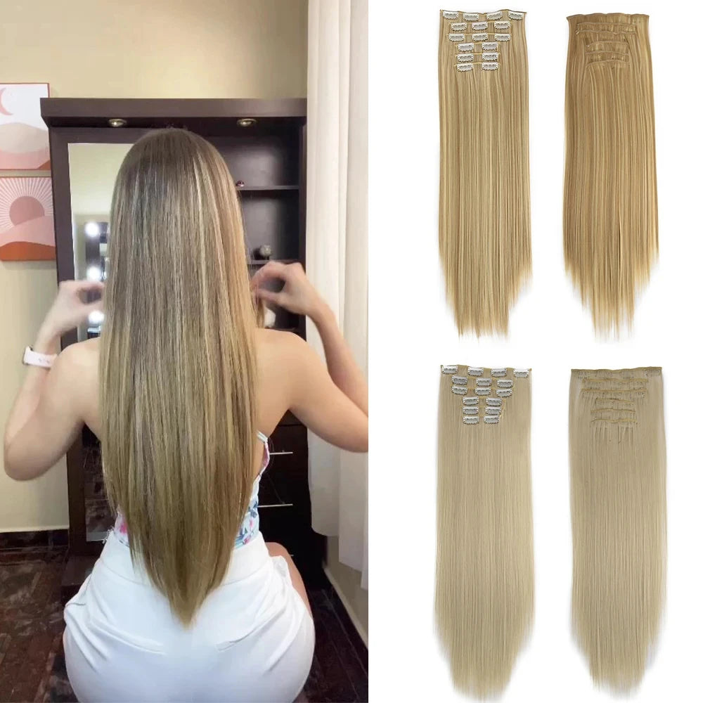 Clip in Hair Extensions Synthetic 24Inch Long Invisible Natural Straight 6 PCS Thick Seamless Clip on Hair Extensions for Women