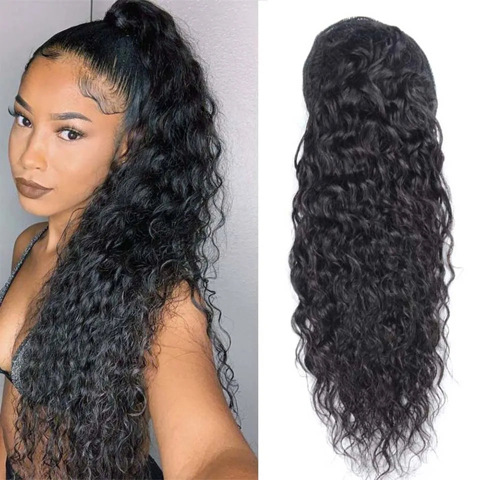 100-150g Water Wave Drawstring Ponytail Human Hair Extensions Brazilian Natural Hairpiece With Clip Ins Wavy Remy Pony Tail