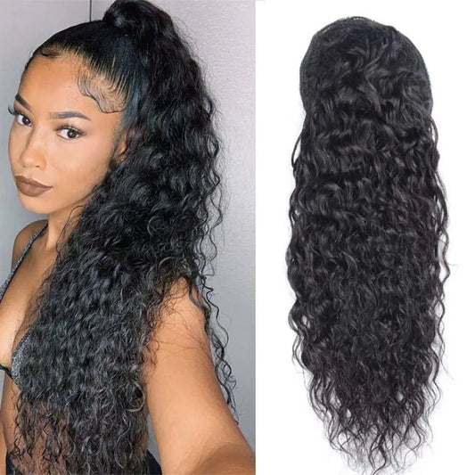 100-150g Water Wave Drawstring Ponytail Human Hair Extensions Brazilian Natural Hairpiece With Clip Ins Wavy Remy Pony Tail