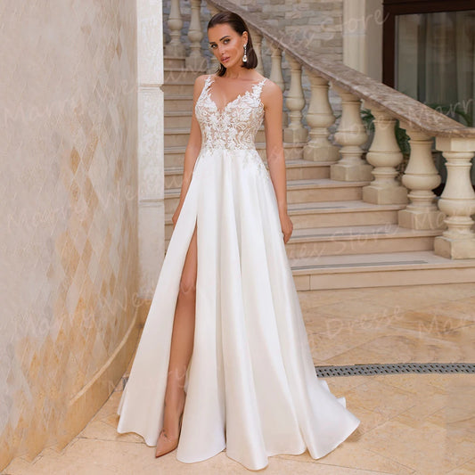 Sexy Fascinating A Line Women Wedding Dresses Lace Appliques V Neck Bridal Gowns Sleeveless High Split Abiti Da Sposa Customized