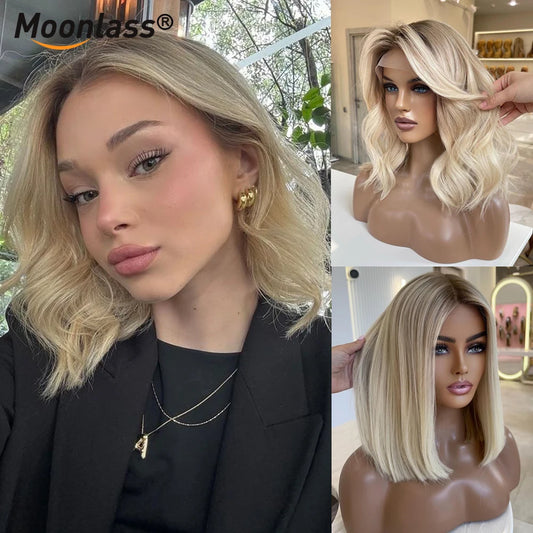 Moonlass Short Bob Cut Ash Blonde With Dark Root 100% Human Hair Wigs 220% Density Body Wave 13x4 Transparen Lace Front Wigs