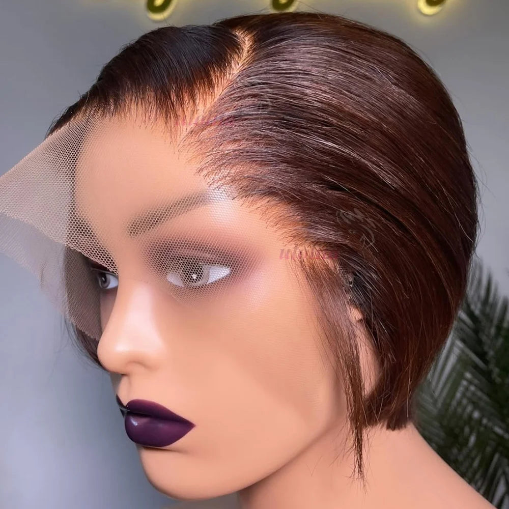 Ombre #1B Brown Short Pixie Cut Wigs For Women Human Hair 200% Straight Chocolate brown Lace Front Bob Wig Brazilian Remy Hair