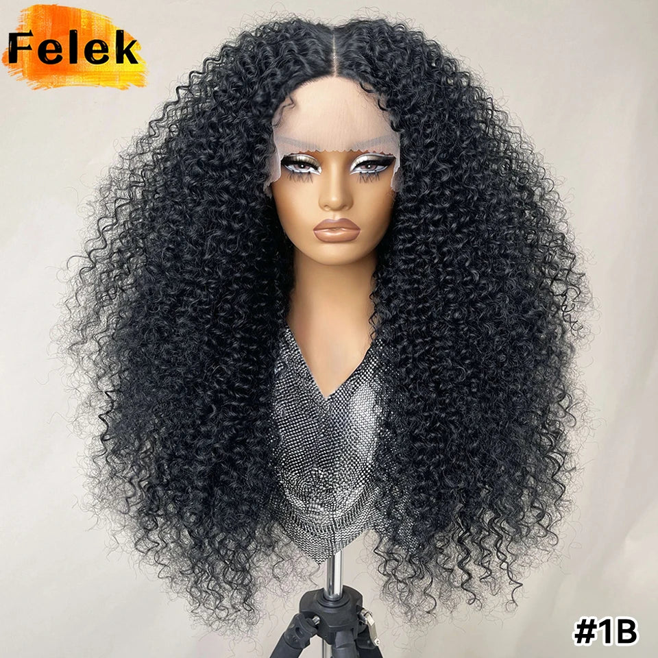 Long Afro Kinky Curly Synthetic Wig 24 Inch Jerry Curl Deep Part Lace Front Wigs For Female Ombre Blue Copper 613 Highlight Wigs