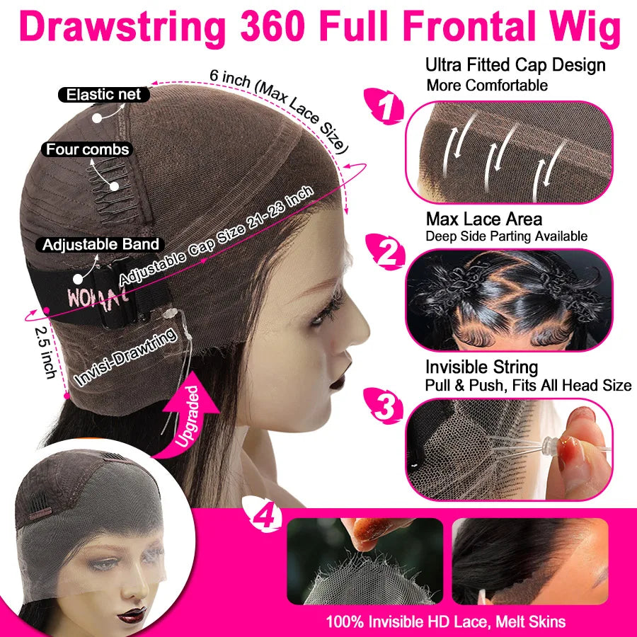 30in Invisi Drawstring 360 HD Lace Front Water Wave Wig Glueless Human Hair Wigs Full Lace Wigs Hidden Strap Remy Brazilian Hair