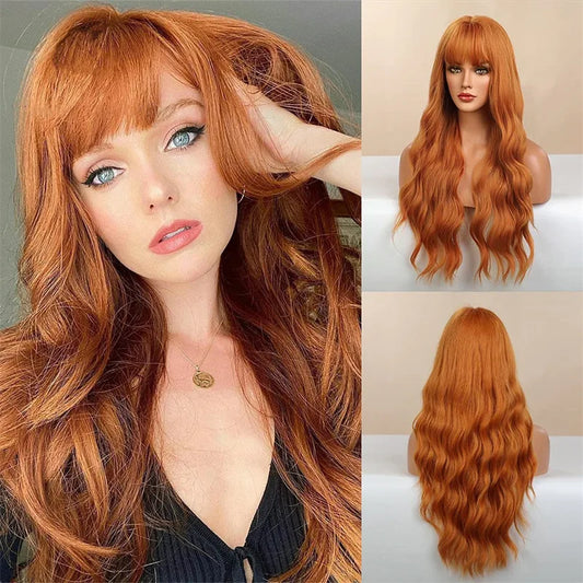 New synthetic fiber big wave wig Female orange air bangs long curly hair high temperature silk wig full head cover