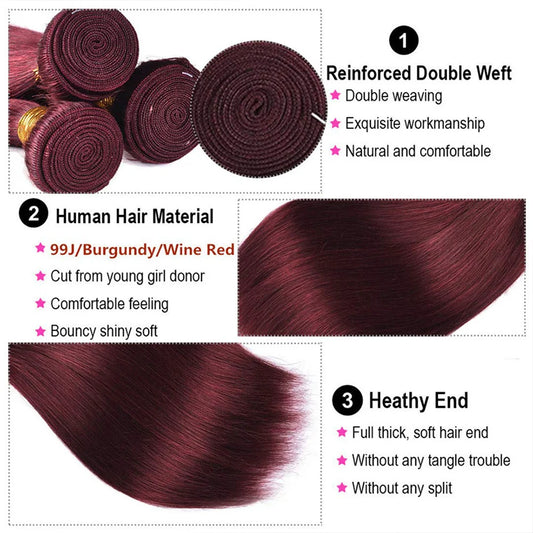 99J Human Hair Bundles Red Bundles Burgundy Straight Human Hair Bundles Remy Hair 1/3/4 Bundles Wine Red Straight Bundles