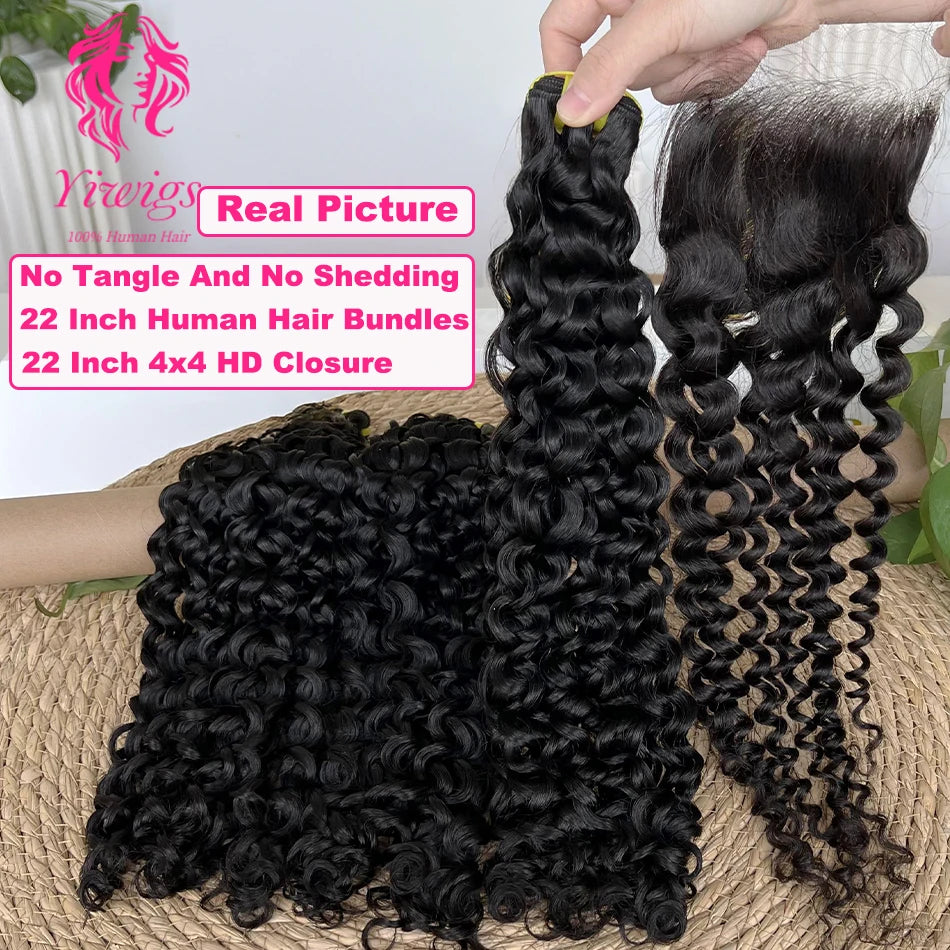 Yiwigs 12A Grade Double Drawn Deep Curly 100% Raw Virgin Human Hair Bundles With 4x4 Real HD Lace Closure Hair Weave Extensions