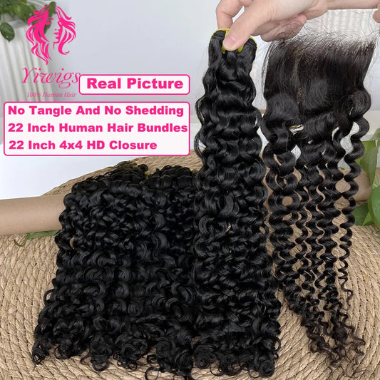 Yiwigs 12A Grade Double Drawn Deep Curly 100% Raw Virgin Human Hair Bundles With 4x4 Real HD Lace Closure Hair Weave Extensions