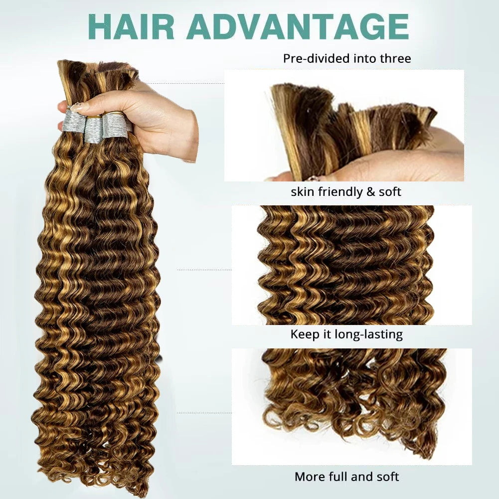 V Beauty Human Hair for Braiding Deep Wave #27 Honey Blonde Bulk Human Hair Bundles No Weft Hair Bulk for Women Hair Extensions