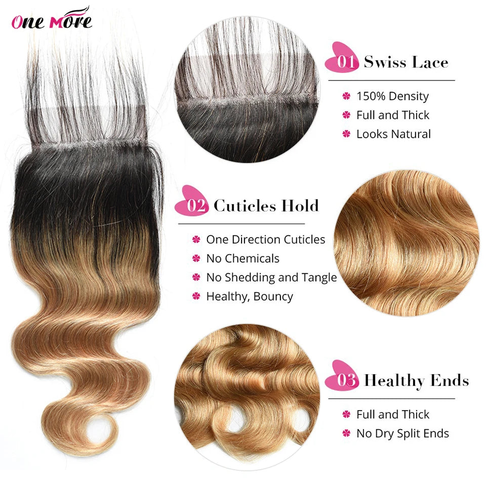 1B 27 Honey Blonde Bundles With Closure 4x4 Inch Body Wave Bundles With Closure 100% Human Hair Bundles with Closure Free Part