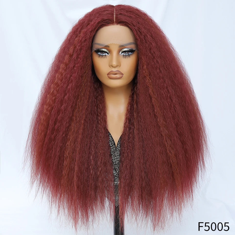 28 Inch Kinky Straight Lace Wigs Synthetic Black T Part Yaki Straight Lace Front Wigs For Women Brown Afro Wigs With Hair Line