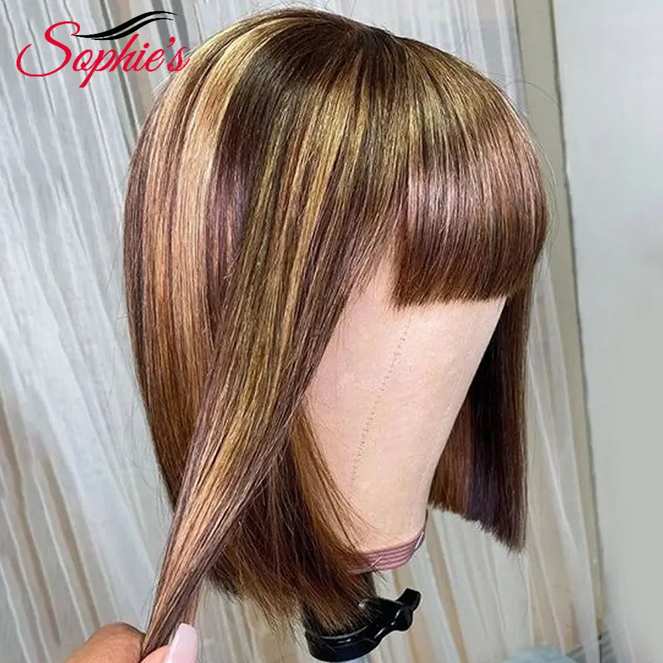 Sophies P4/27# Color Full Machine Made Bob Wig With Bang Human Hair Wigs 180% Density Brazilian Hair Remy Hair 10-14 inch Wigs