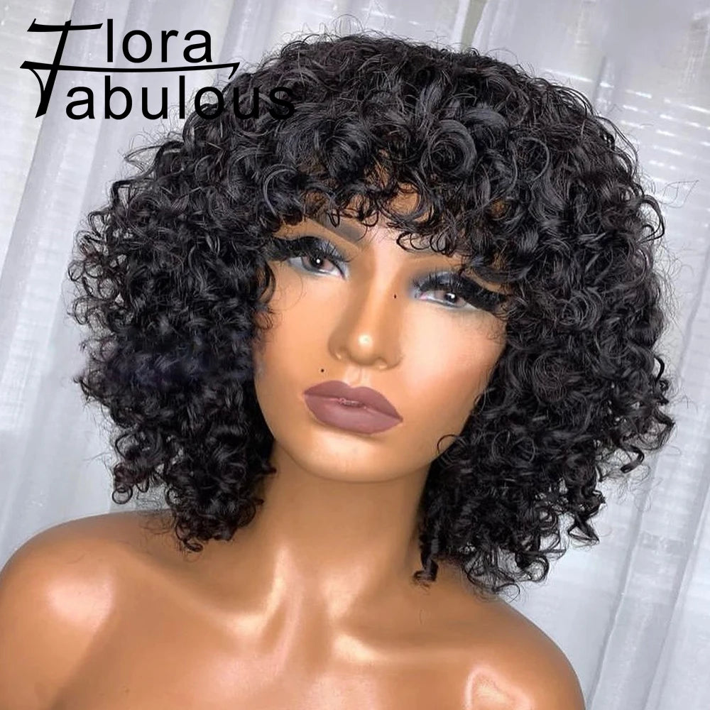Curly Human Hair Wigs With Bangs 180% Density Water Wave Virgin Human Hair Full Machine Made Curly Glueless Wigs For Black Women