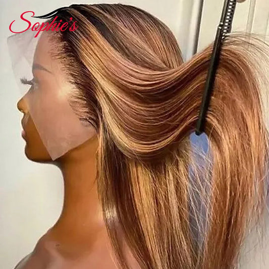 Sophie's 13*4 Lace Frontal Highlight Human Hair Wig 180% Density Wigs for  Women Brazilian Straight Remy Hair Wig 14-28 Inch