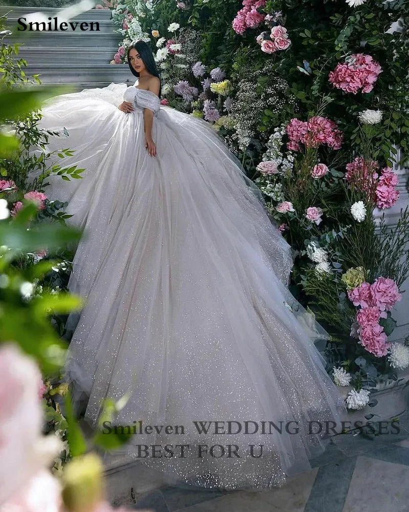 Smileven Princess Wedding Dress Ball Gowns Glitter Tulle Sweetheart Bride Dresses Robe De Mariee Off The Shoulder Wedding Gowns