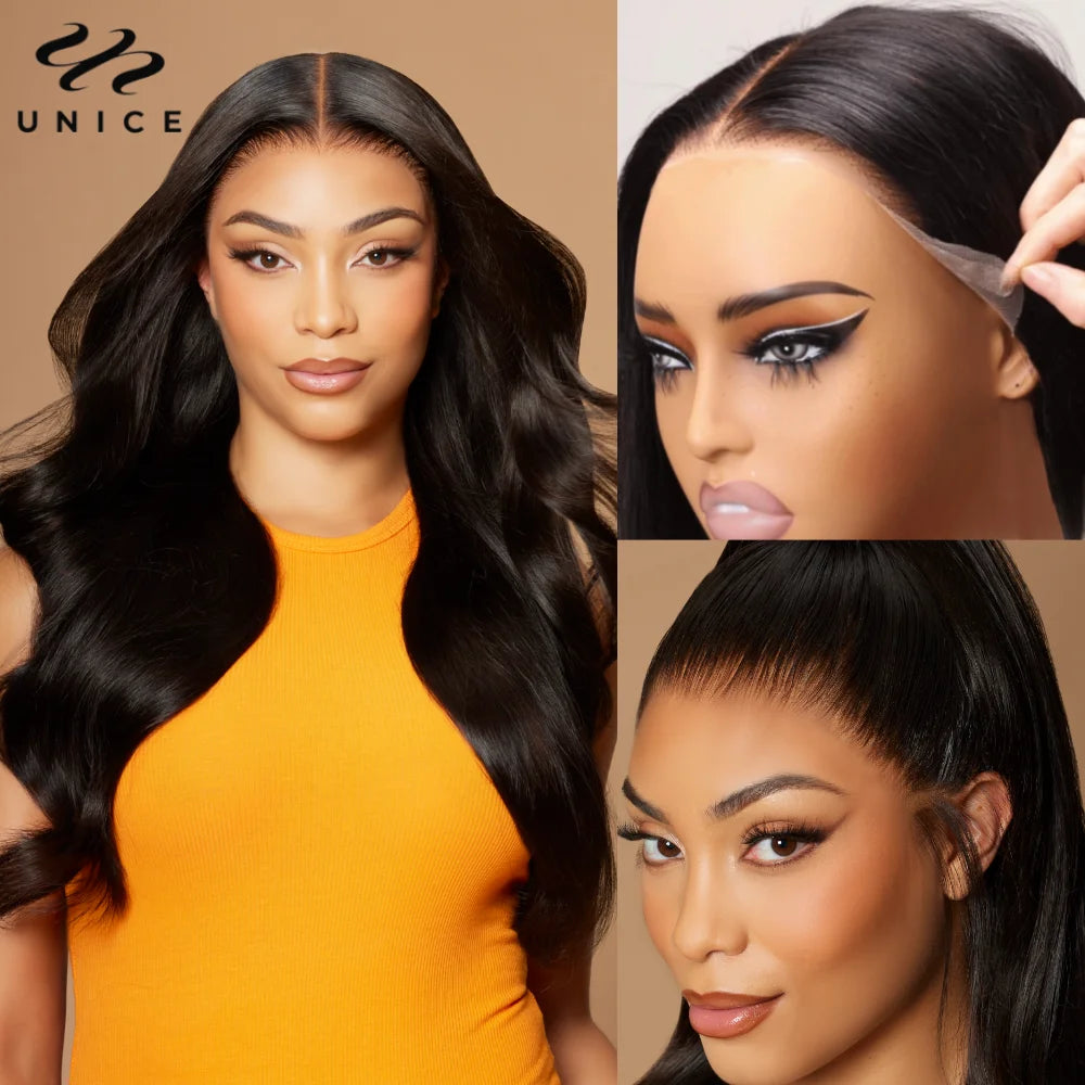 UNice 3D Body Wave Wig 250% Density 13x4 Human Hair Lace Frontal Wig Pre Plucked Pre Bleached Pre Cut Gluless Wig Ready To Wear