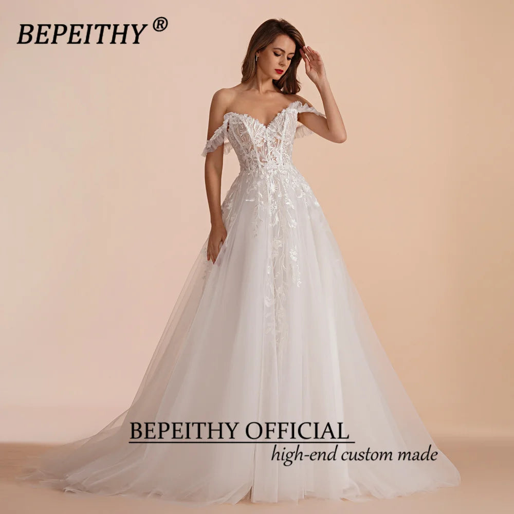 BEPEITHY Customized A Line Sweetheart Bride Wedding Party Dresses 2025 Sleeveless Sweep Off Shoulder Lace Ivory Bridal Gown