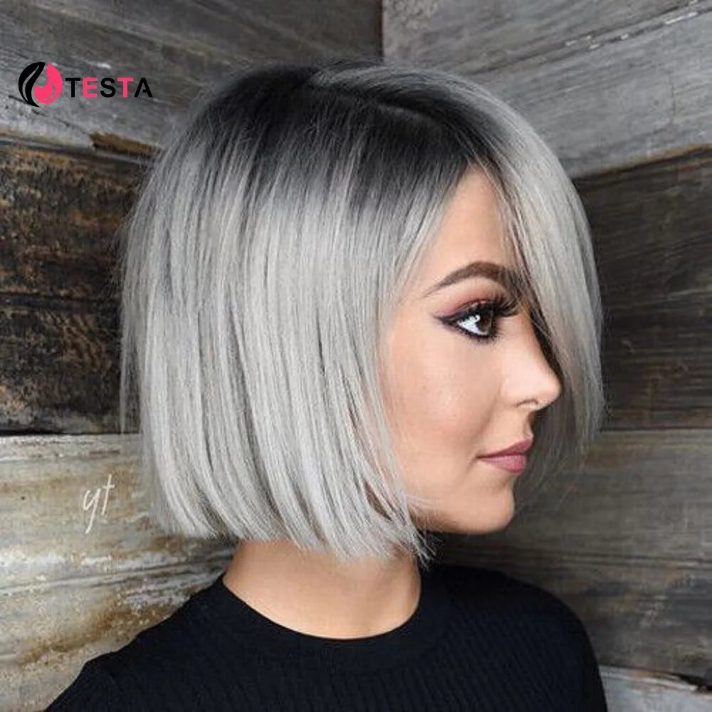Super Double Drawn Bone Straight Human Hairs Wig Omber 1B/grey Bob Wig 2*4 Lace Wig  Extension Middle Part Kim Closure Wigs 300%